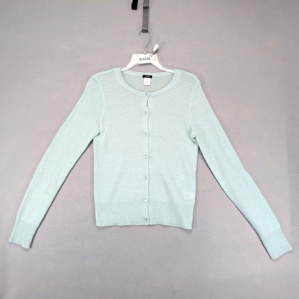 J Crew Mint Green Cardigan Sweater Womens M Alpaca Merino Wool Crystal Buttons